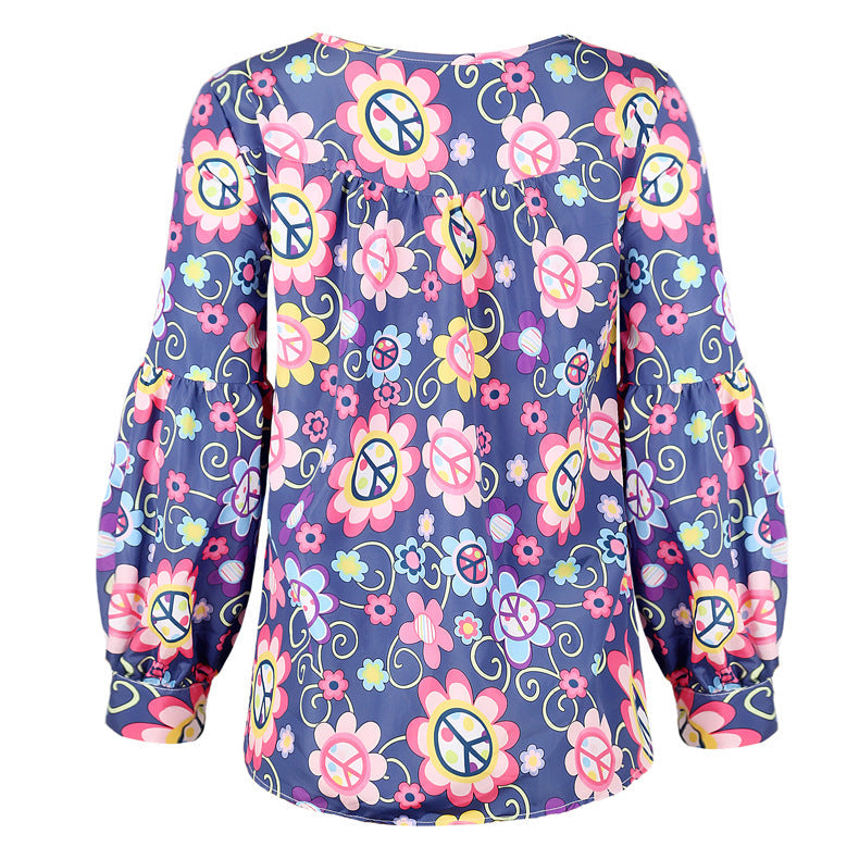 Women's Shirts Print Loose Long Sleeve V-neck Tops