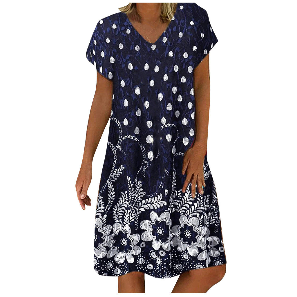 Summer Dot Floral Print V-Neck Short Sleeves Midi Dress