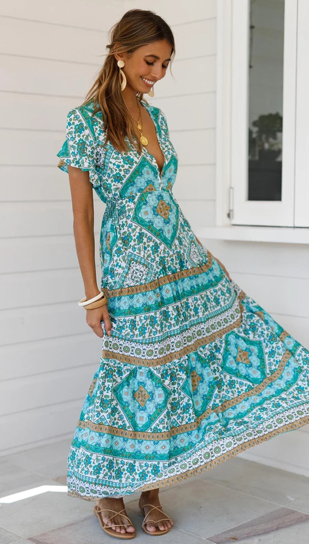 Designer Women's Summer Holiday Dress Retro Printed V-neck Long Dress