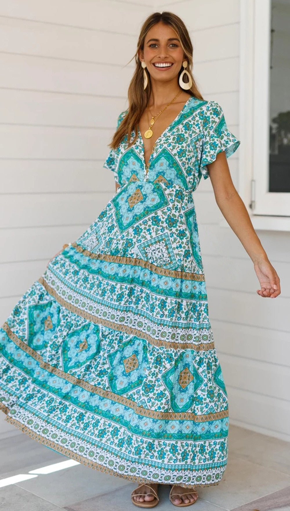 Designer Women's Summer Holiday Dress Retro Printed V-neck Long Dress