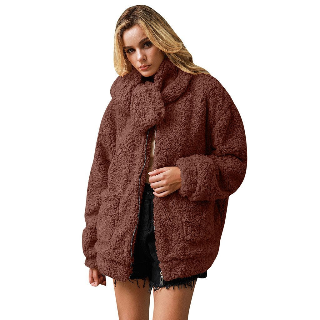 Women's Warm Faux Fur Loose Plush Scarf Coat Casual Solid Outwear Jackets With Pockets