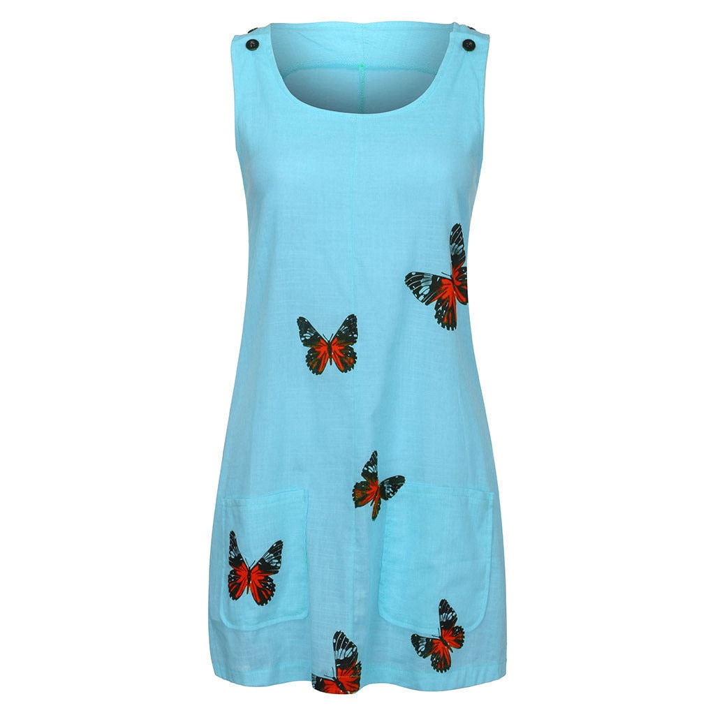 Summer Sleeveless Floral Butterfly Knee Above Casual Loose Mini Dress