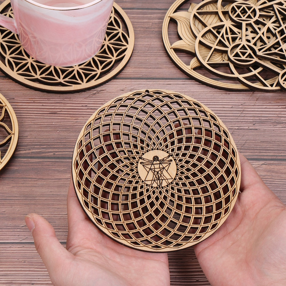 1PC Flower of Life Shape Wooden Wall Sign Laser Cut Non-slip Coaster Set Wood Placemats Table Mat Round Cup Pad Art Home Decor