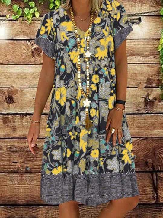 2020 Summer Women Dress V-neck Printed Short-Sleeved Mid-length Floral Dress