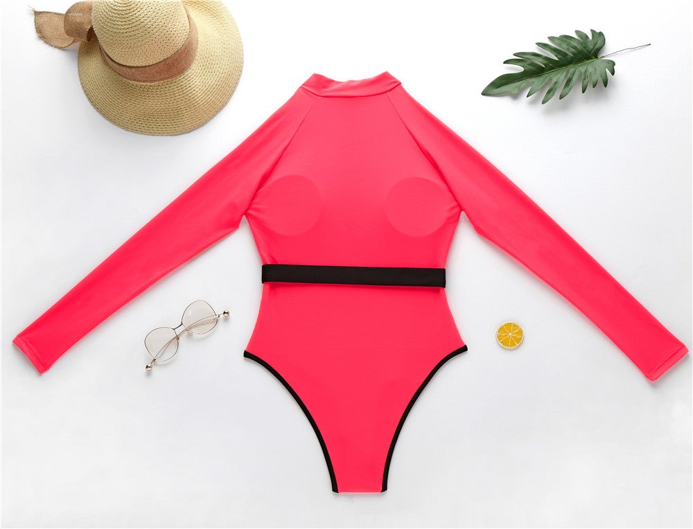 Long Sleeve Rash Guard Women Solid One Piece Swimsuit Fluorescent Green Swimwear Zipper Surfing Suit Belt Bath Suit UV Protect