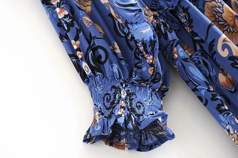 print frill dress women tiers V-neck long sleeve dress autumn  new boho dress