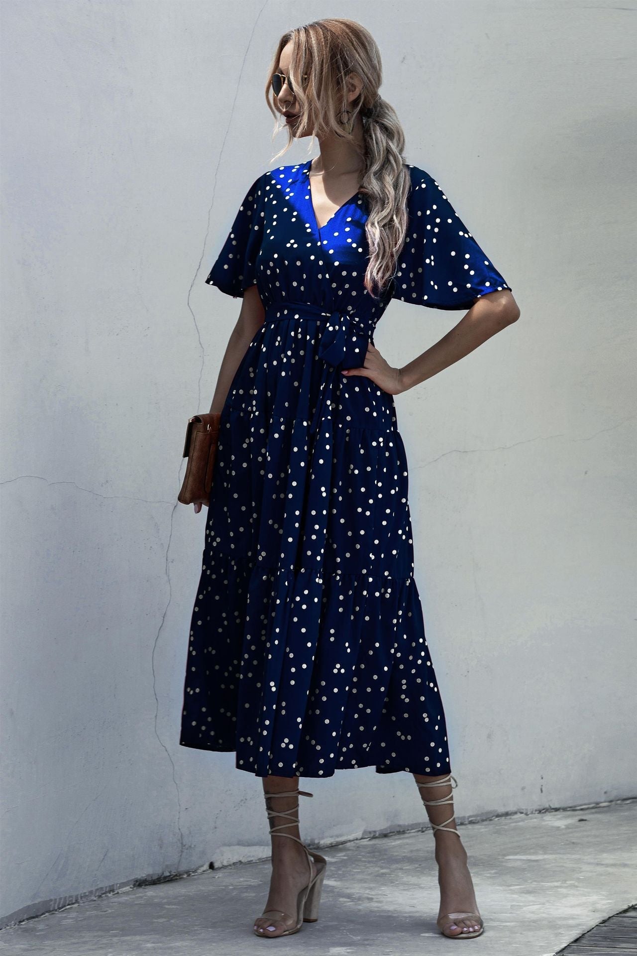 Dot Print V Neck Women Boho Style Summer Beach Long Dress