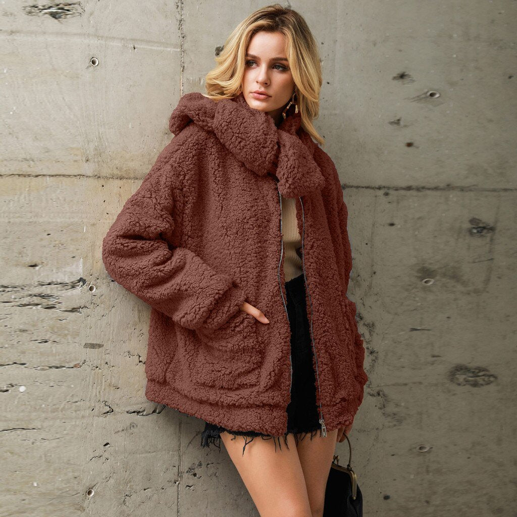 Women's Warm Faux Fur Loose Plush Scarf Coat Casual Solid Outwear Jackets With Pockets