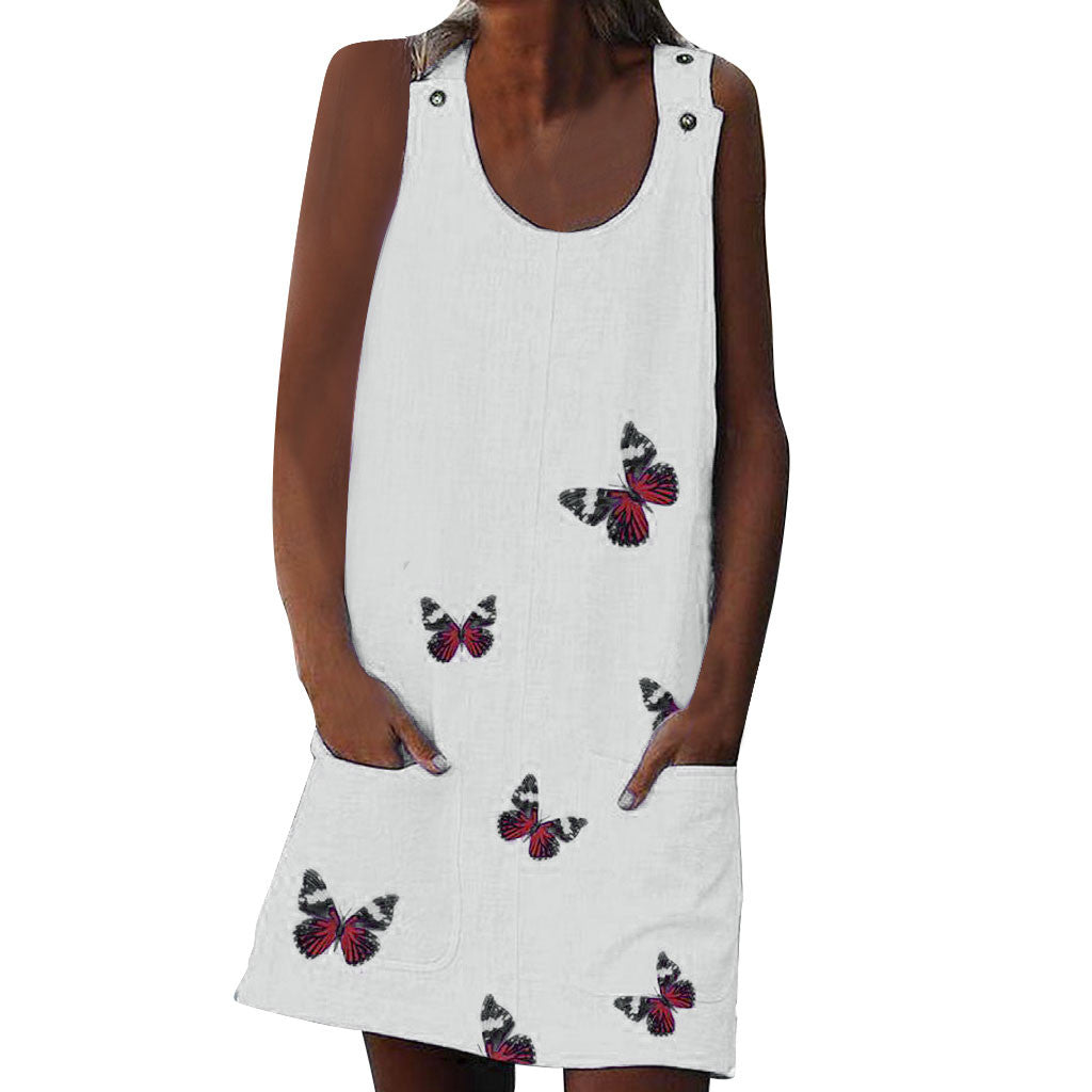 Summer Sleeveless Floral Butterfly Knee Above Casual Loose Mini Dress