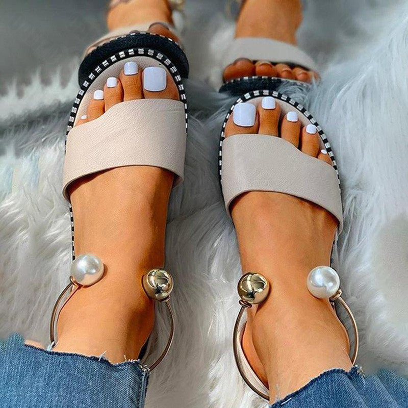 New Summer Women Beaded Pearly Sandals Slippers Shoes Ladies Flats Sandals Flip Flop Casual Flat Slingback Sandals Shoes