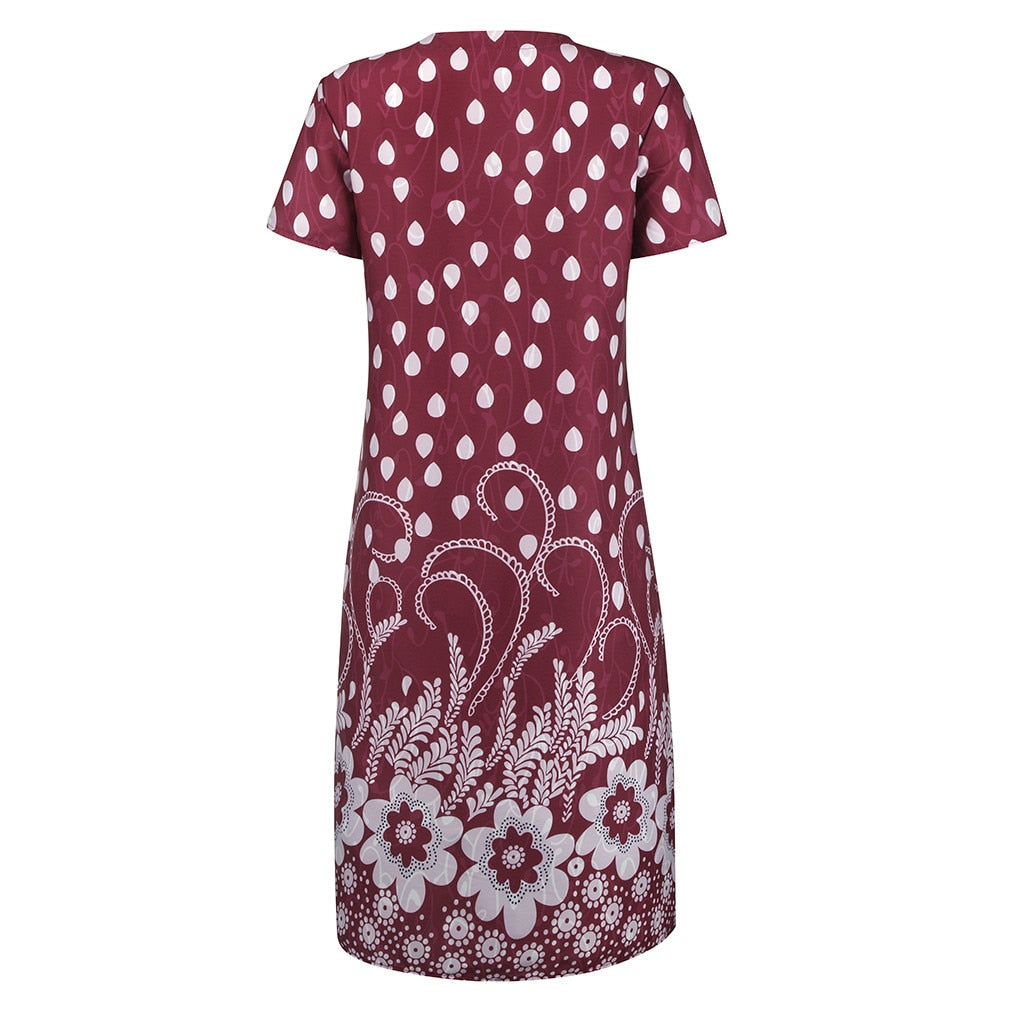 Summer Dot Floral Print V-Neck Short Sleeves Midi Dress