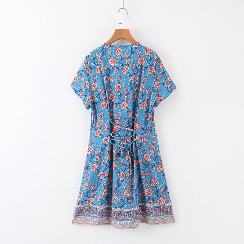 Jastie V-Neck Short Sleeve Summer Dress Boho Floral Print Mini Dresses Button Front Chic Women Dress Casual Beach Dresses