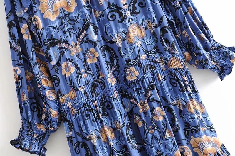 print frill dress women tiers V-neck long sleeve dress autumn  new boho dress