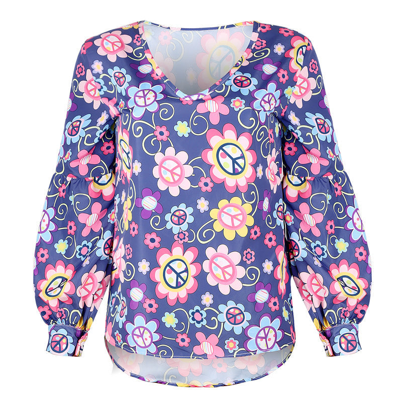 Women's Shirts Print Loose Long Sleeve V-neck Tops