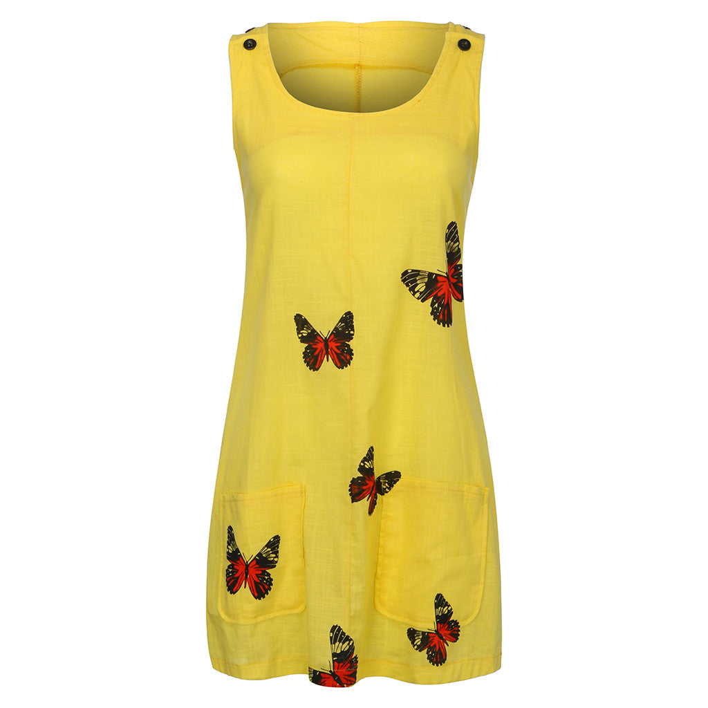 Summer Sleeveless Floral Butterfly Knee Above Casual Loose Mini Dress