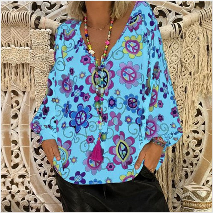 Women's Shirts Print Loose Long Sleeve V-neck Tops