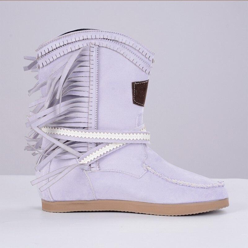 Fringe Midden Laarzen Vrouwen Sexy Kwastje Laarzen Mode Gesp Motorlaarzen Platte Hak Laars Vrouwen Cowboy Stijl  Boot