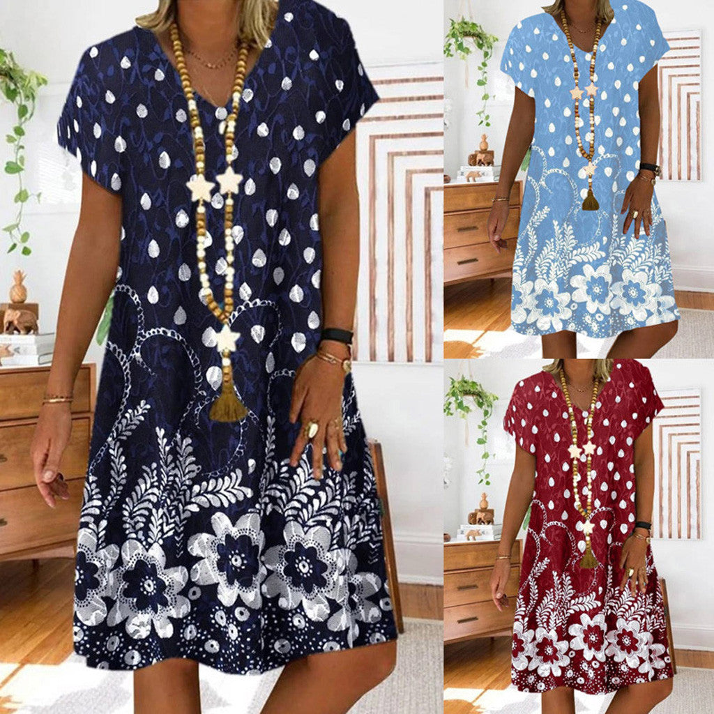 Summer Dot Floral Print V-Neck Short Sleeves Midi Dress