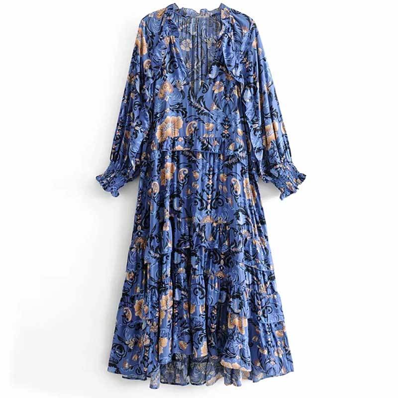 print frill dress women tiers V-neck long sleeve dress autumn  new boho dress