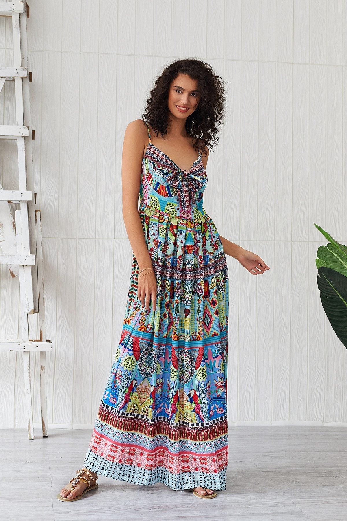 Bohemian Cartoon Printed Strap Maxi V Neck Vintage Chic Summer Beach Casual Ladies Sexy Dress