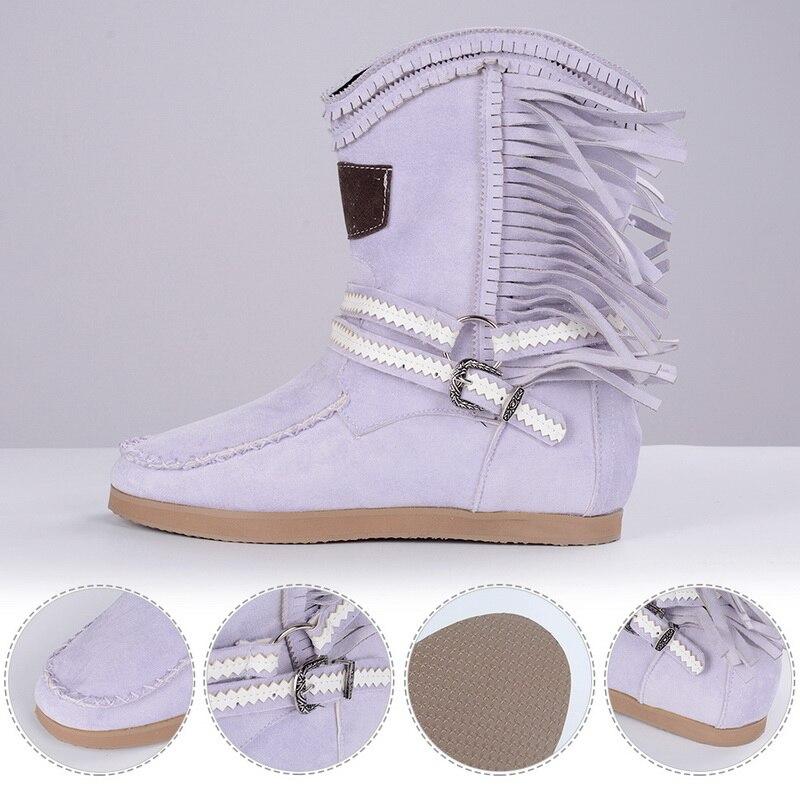 Fringe Midden Laarzen Vrouwen Sexy Kwastje Laarzen Mode Gesp Motorlaarzen Platte Hak Laars Vrouwen Cowboy Stijl  Boot