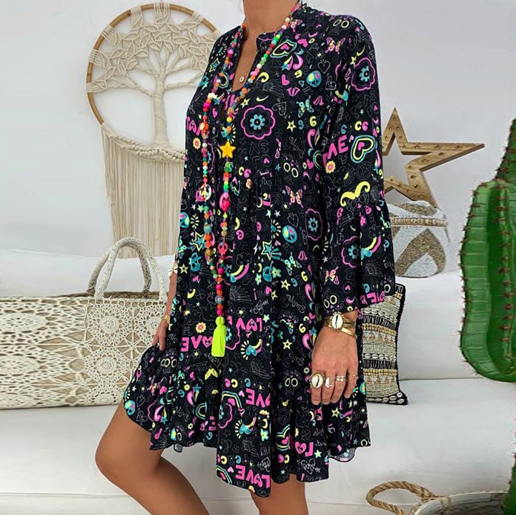 Women's Dresses Plus Size Loose Print Long Sleeve V-Collar Button Mini Dress