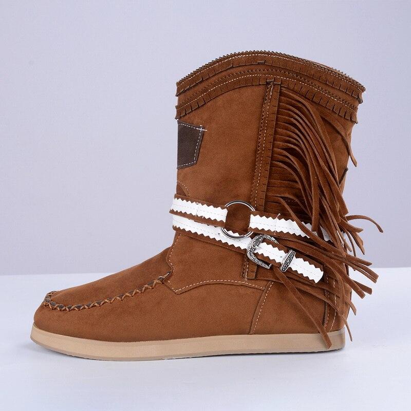 Fringe Midden Laarzen Vrouwen Sexy Kwastje Laarzen Mode Gesp Motorlaarzen Platte Hak Laars Vrouwen Cowboy Stijl  Boot