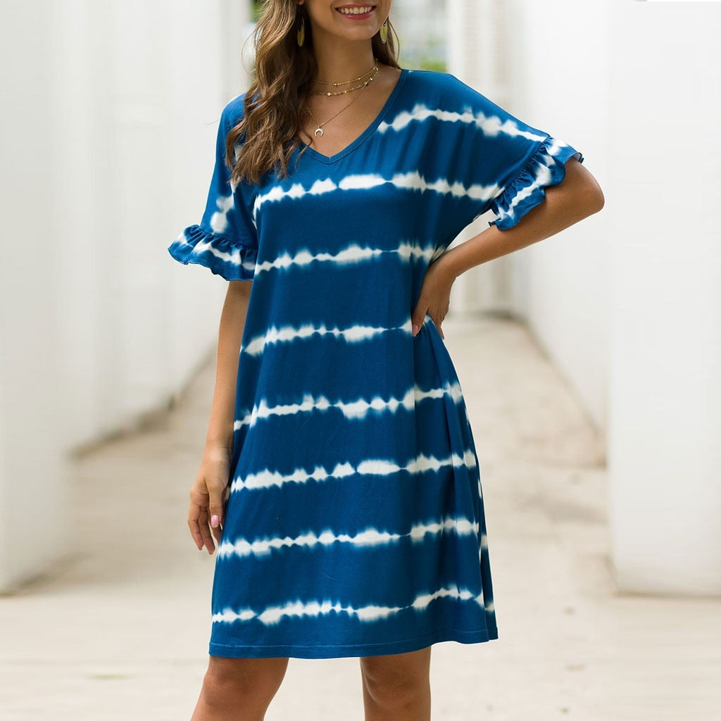 Summer Women Short Sleeve Loose Wavy Stripes Mini Dress