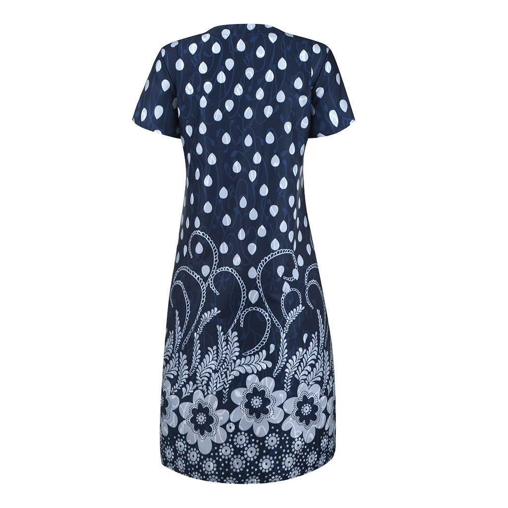 Summer Dot Floral Print V-Neck Short Sleeves Midi Dress