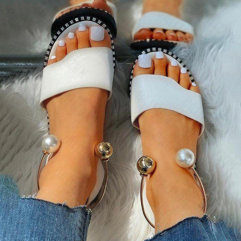 New Summer Women Beaded Pearly Sandals Slippers Shoes Ladies Flats Sandals Flip Flop Casual Flat Slingback Sandals Shoes