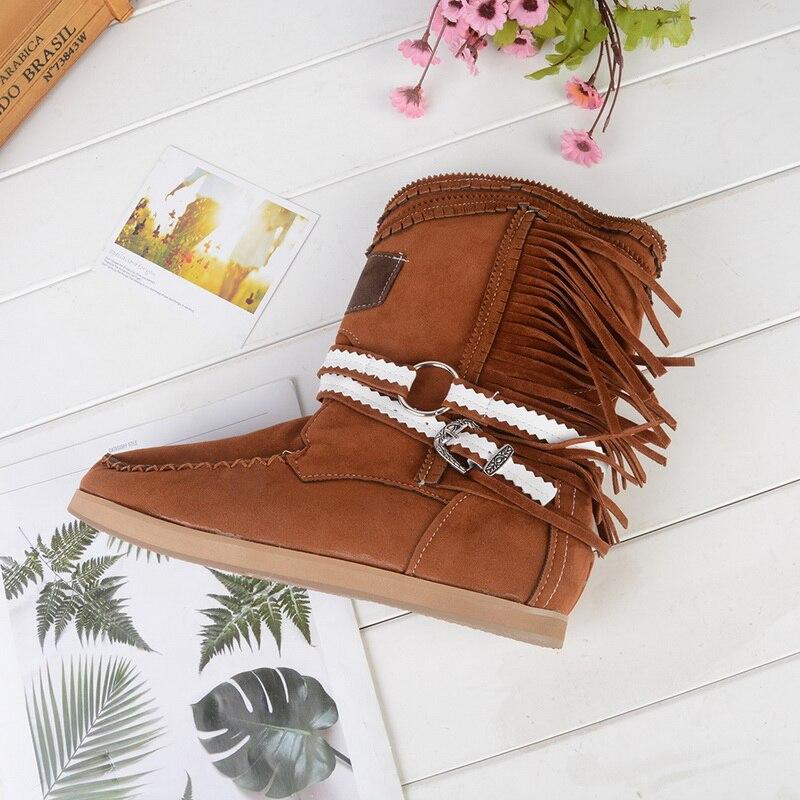 Fringe Midden Laarzen Vrouwen Sexy Kwastje Laarzen Mode Gesp Motorlaarzen Platte Hak Laars Vrouwen Cowboy Stijl  Boot