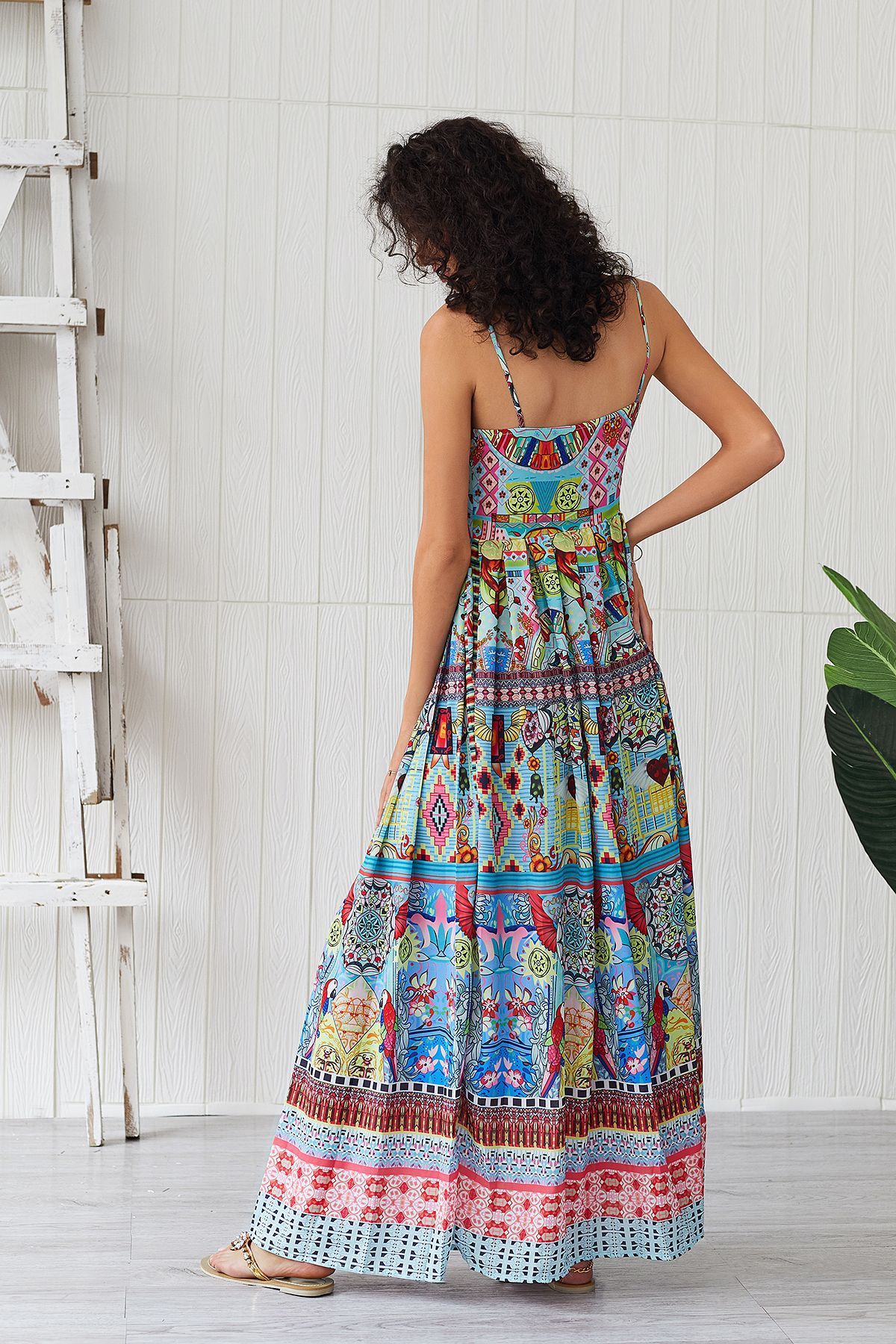 Bohemian Cartoon Printed Strap Maxi V Neck Vintage Chic Summer Beach Casual Ladies Sexy Dress