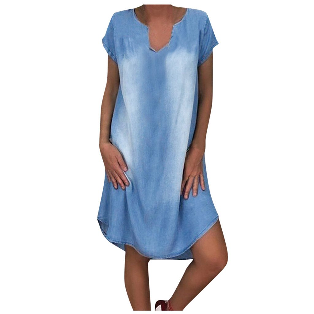 Women Short Sleeve V Neck Denim Jean Dress