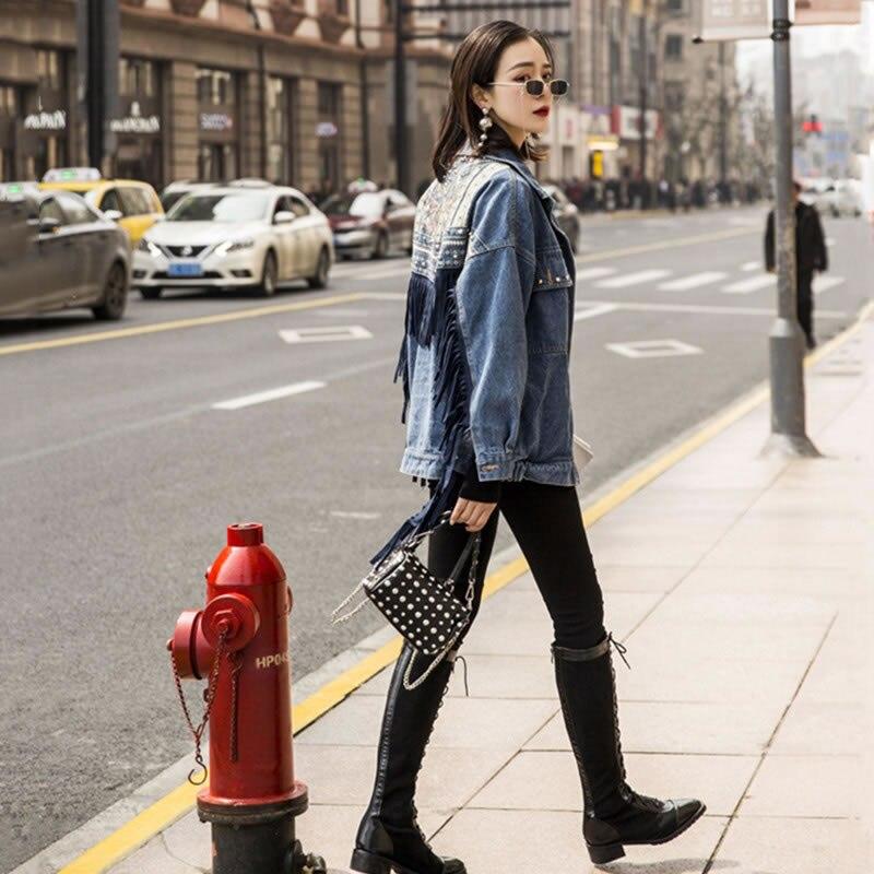 Embroidery Rivets Popular Denim Jacket Full Sleeve Tassel Women Clothes  New Casual Loose Fashion Cardigans