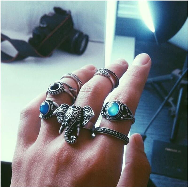 Bohemian Elephants Ring Retro Stone 10pcs Rings Sets For Women