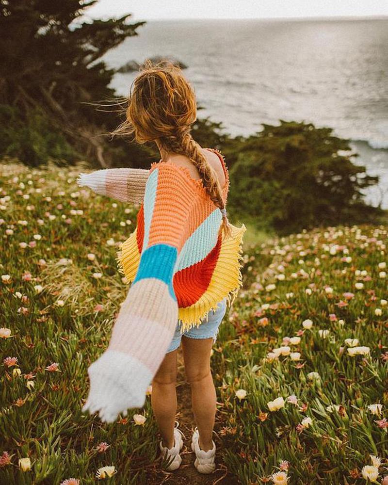 Fashion V-neck Backless Knitting Striped Rainbow Colored Sweater Tops