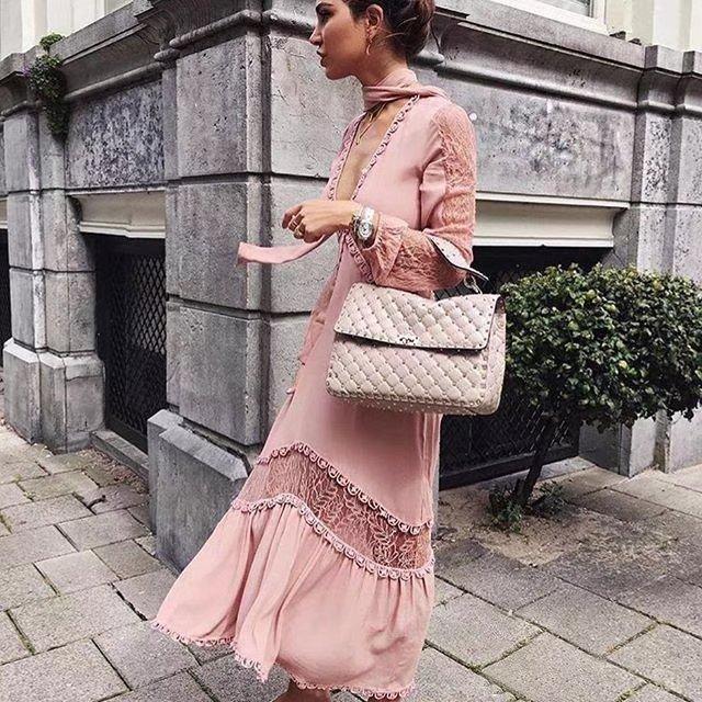 V-Neck Pink Long-Sleeve Patchwork Lace Boho Party Dress