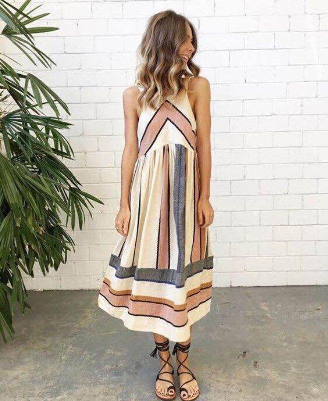 Boho Beach O Neck Sleeveless Print Stripe A Line Maxi Dress