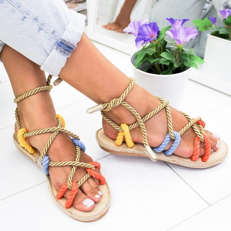 Women Fashion Summer Flat Shoes Colorful Hemp Rope Lace Up Gladiator Sandals