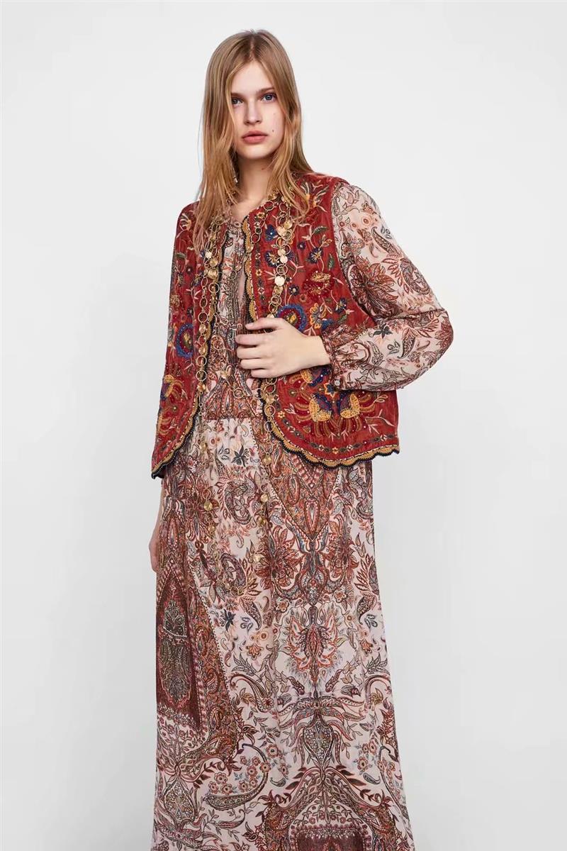 Boho Autumn Orang Floral Embroidery Sleeveless Outerwear Jacket