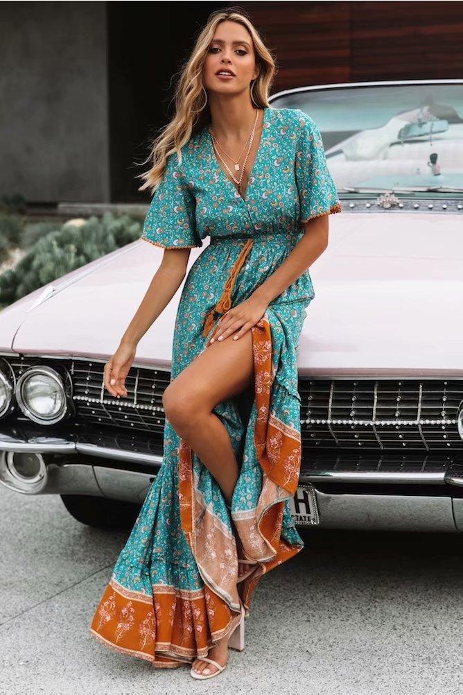 Jastie Vintage Print Maxi Dress Waist tie Ruffle Hem Boho Dresses Women Beach Long Dresses V-Neck Short Sleeve Summer Dress