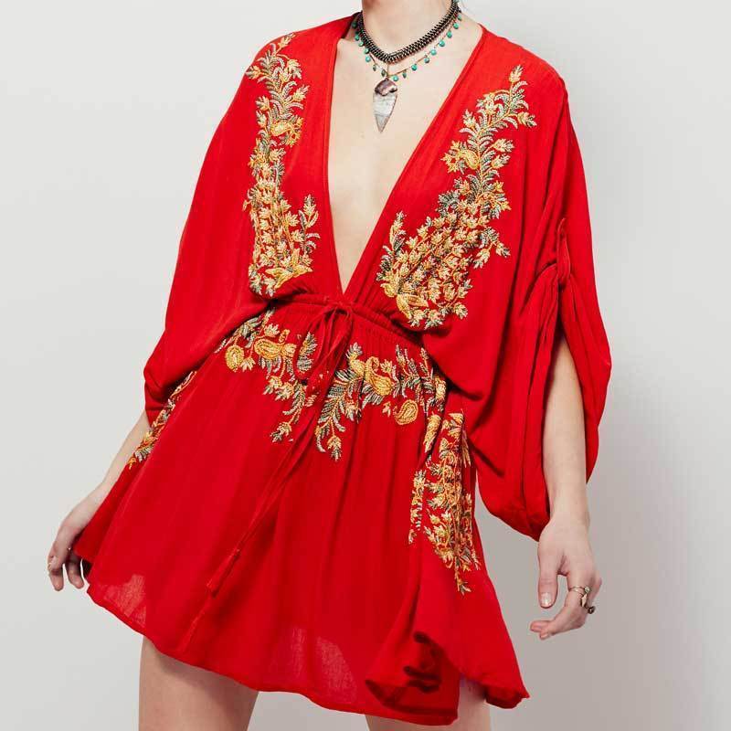 Boho Sexy Embroidered Deep V-neck Drawstring Long Sleeve Mini Dress