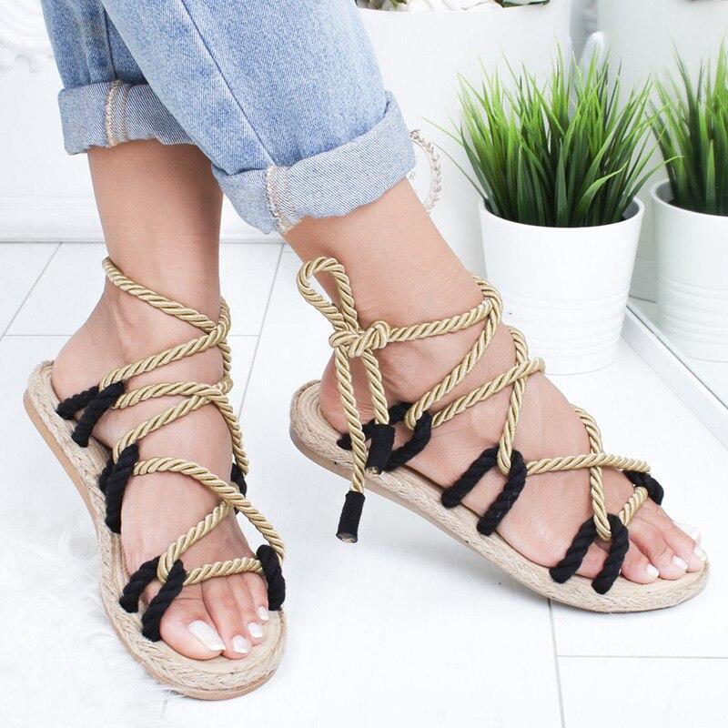 Women Fashion Summer Flat Shoes Colorful Hemp Rope Lace Up Gladiator Sandals