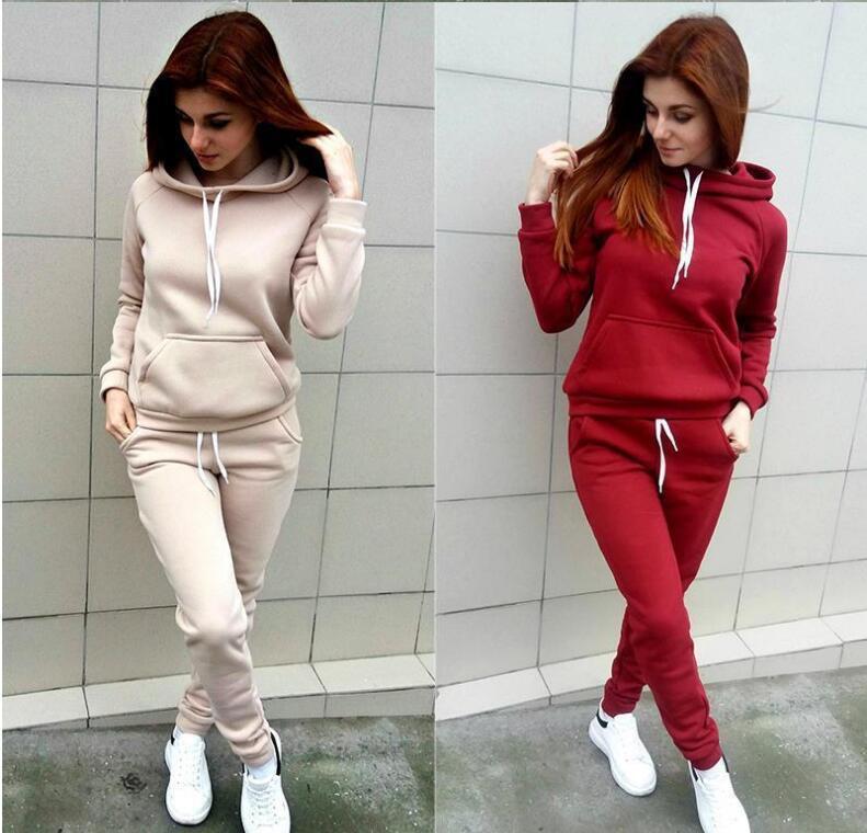 Autumn Winter Suit Casual  Women's Suit Loose Patchwork Hoodies and Long Pants 2 Pcs  Lantern Sleeve Big Size Female Sets