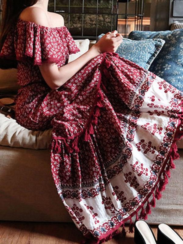 Bohemian Tassel Off The Shoulder Dress Floral Print Maxi Hippie Long Dress