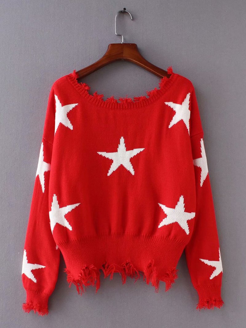 Autumn Long Sleeve Deep V Neck Star Tassels Sweater