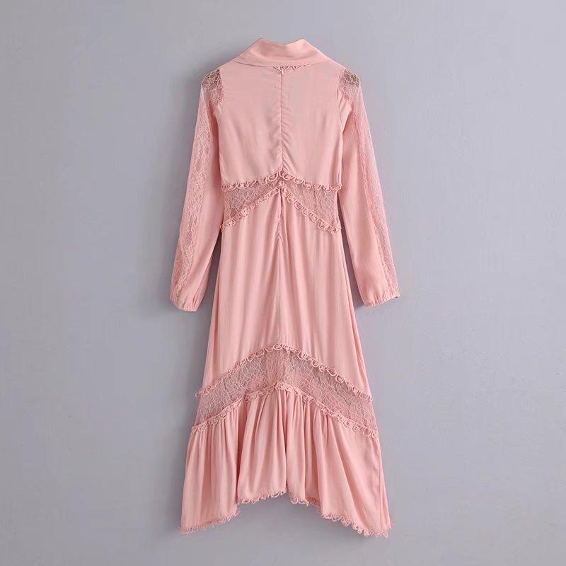 V-Neck Pink Long-Sleeve Patchwork Lace Boho Party Dress