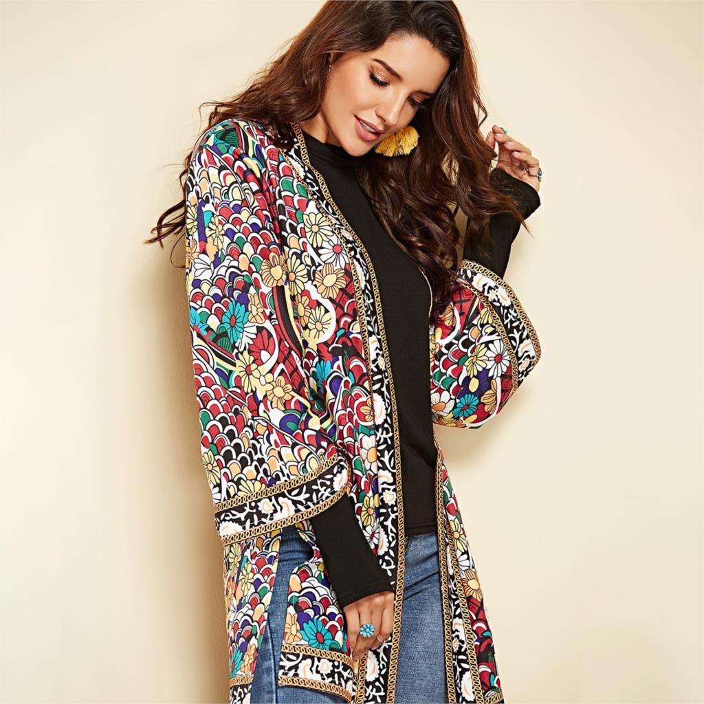 Ethnic Floral Spring Long Sleeve Side Split Casual Outerwear Retro Long Cardigan Jacket