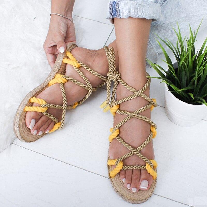 Women Fashion Summer Flat Shoes Colorful Hemp Rope Lace Up Gladiator Sandals