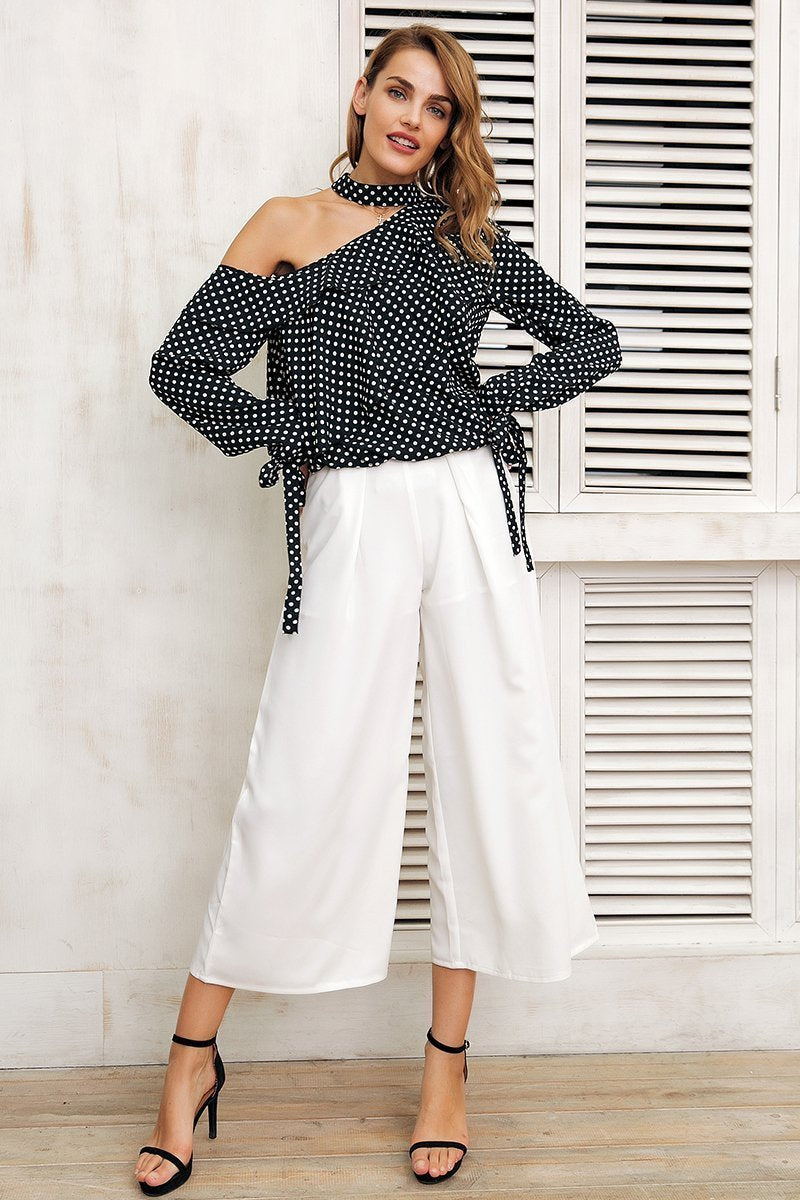 Sexy One Shoulder Polka Dot Lantern Sleeve Blouse Shirt